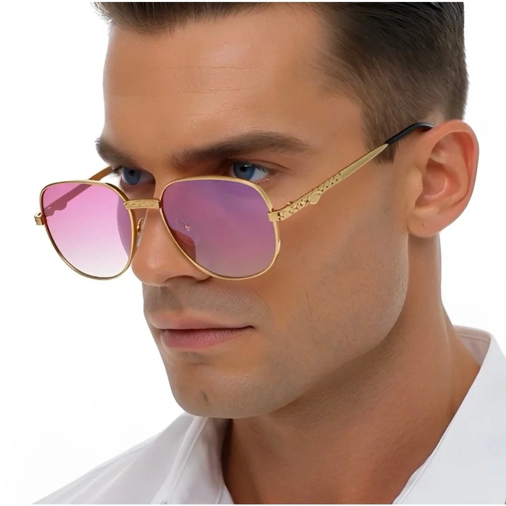 Mens Sunglasses Pink Gradient Lens Filigree Metal‎ Frame 80's 90's Hippie Style